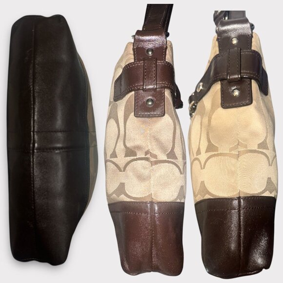 Coach Purse Khaki Sateen Signature Canvas Brown Leather Chain Bag F18862 Convert - Picture 6 of 9